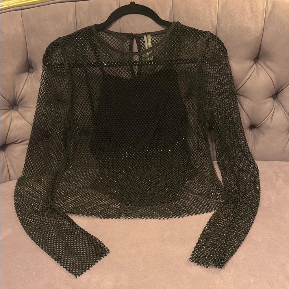 Anthropologie Long Sleeve Beaded Black Rhinestone Mesh Sparkle Top